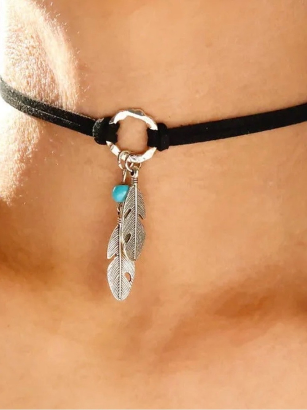 NEW - Silver Feather, Turquoise Stone Boho Choker Necklace on Black Cord